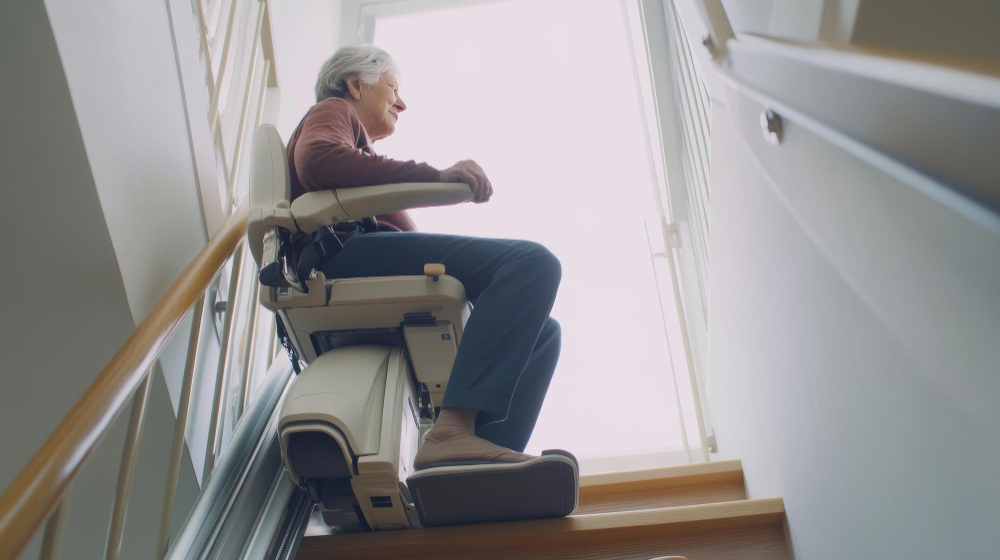 Seniorin nutzt Treppenlift – sichere Mobilität bei eingeschränkter Beweglichkeit